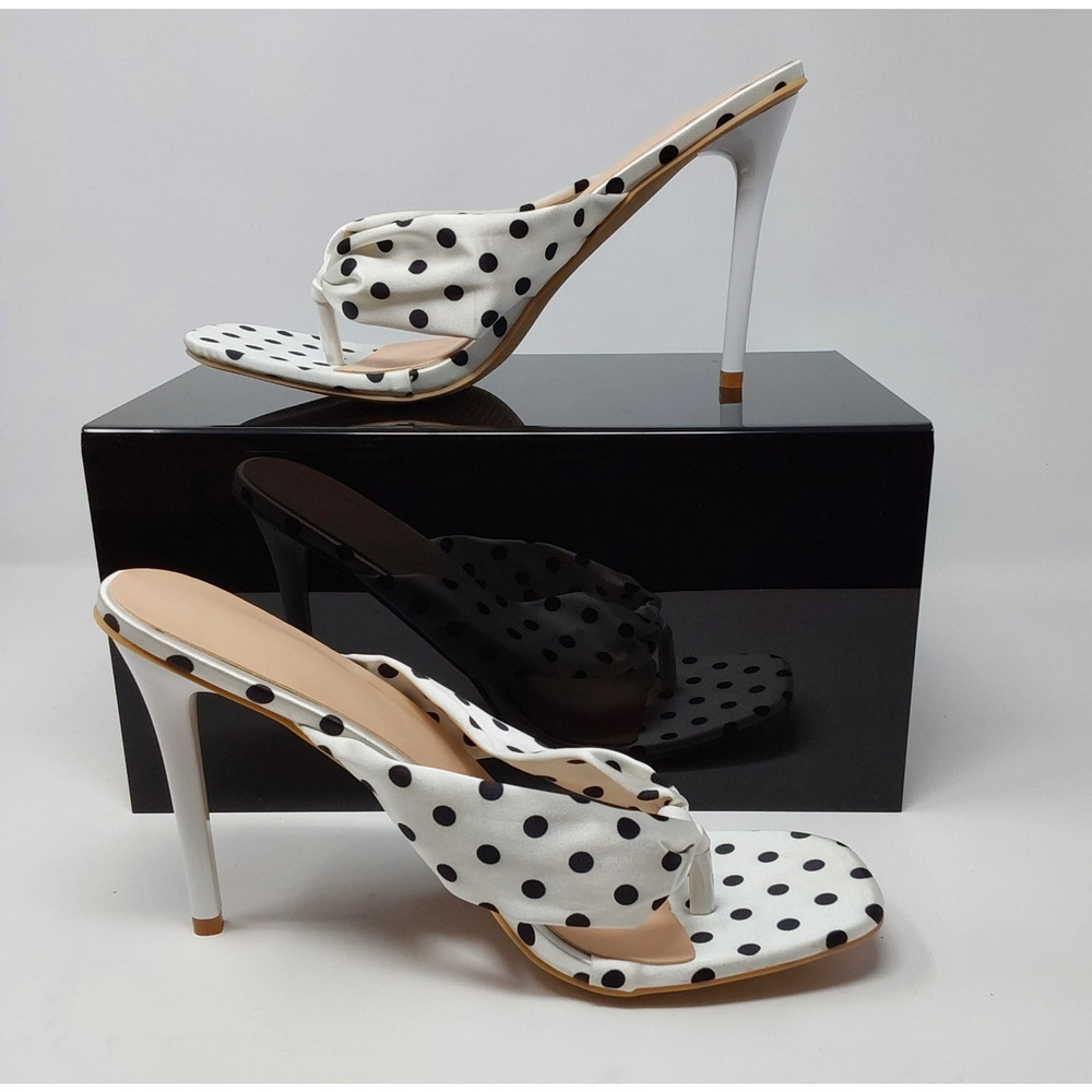 Womens Size 44 White Black Polka Dot Satin Stiletto Mule Heels Square Toe - Picture 2 of 6